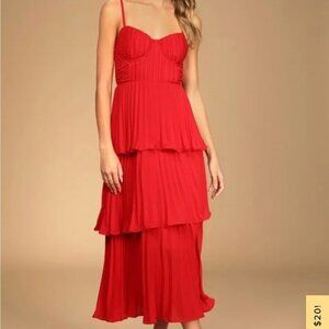 Lulu’s Cascading Crush Red Tiered Bustier Midi Dress Size L